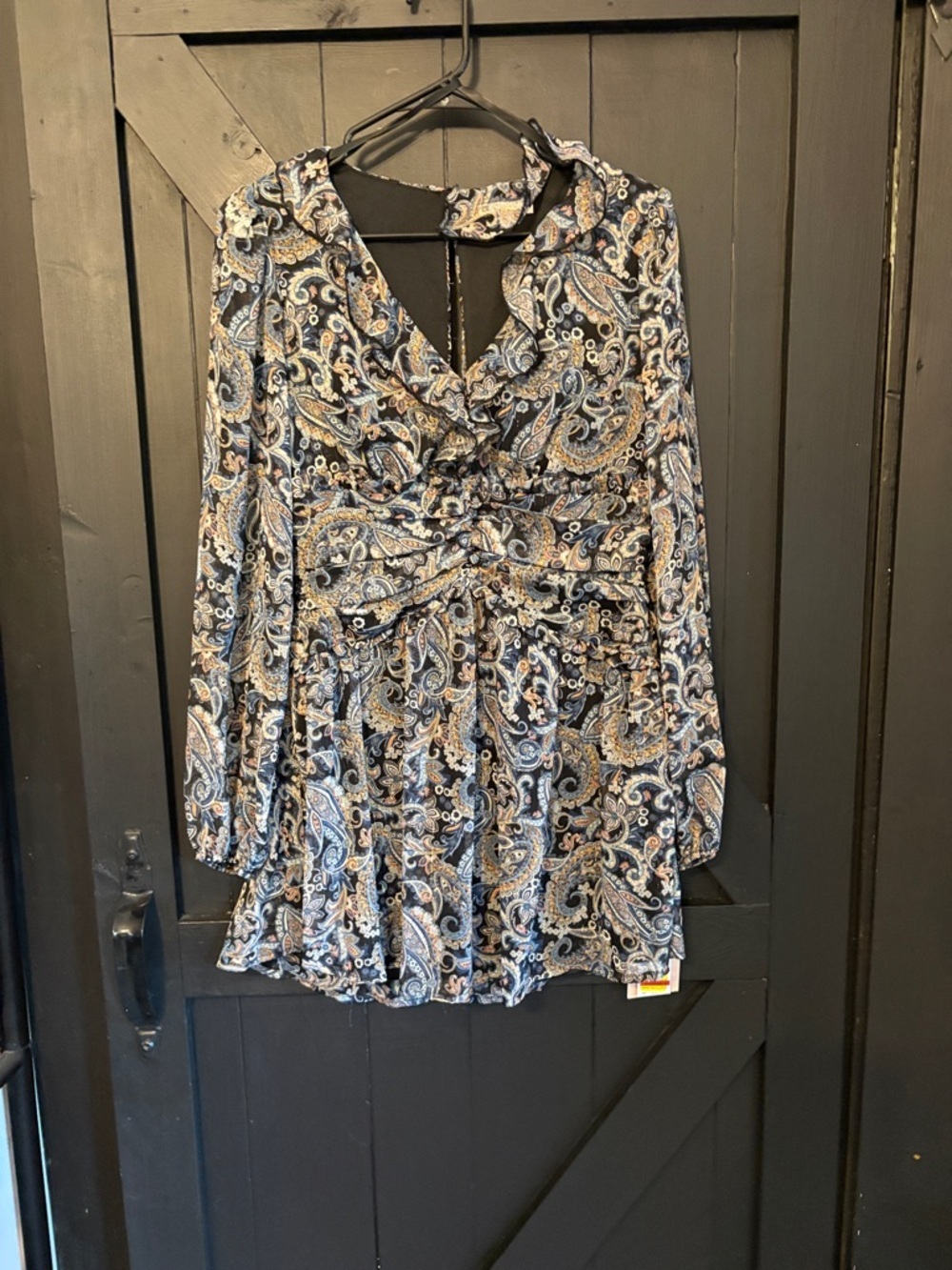City Studio Paisley Long Sleeve Romper in Navy and Beige